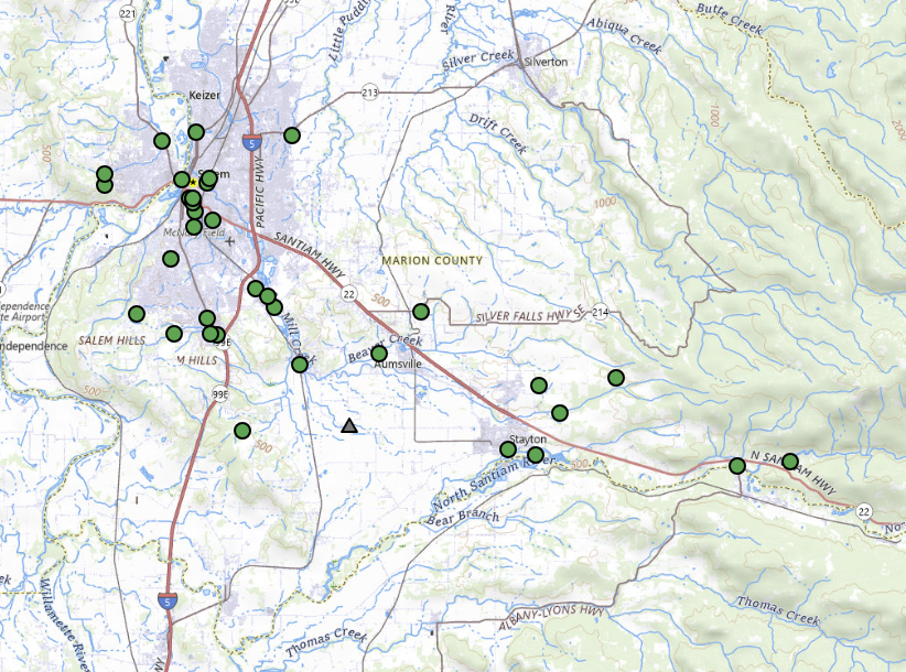 Map of flood warning stations near Salem