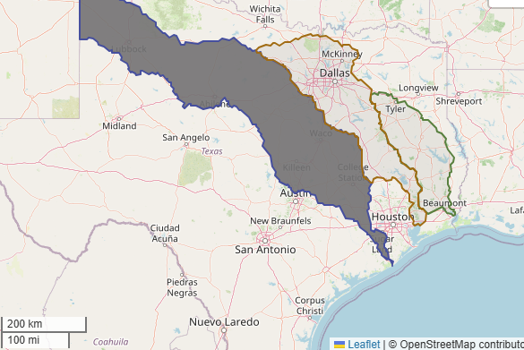 Map of the Brazos and Neches river basins in Texas